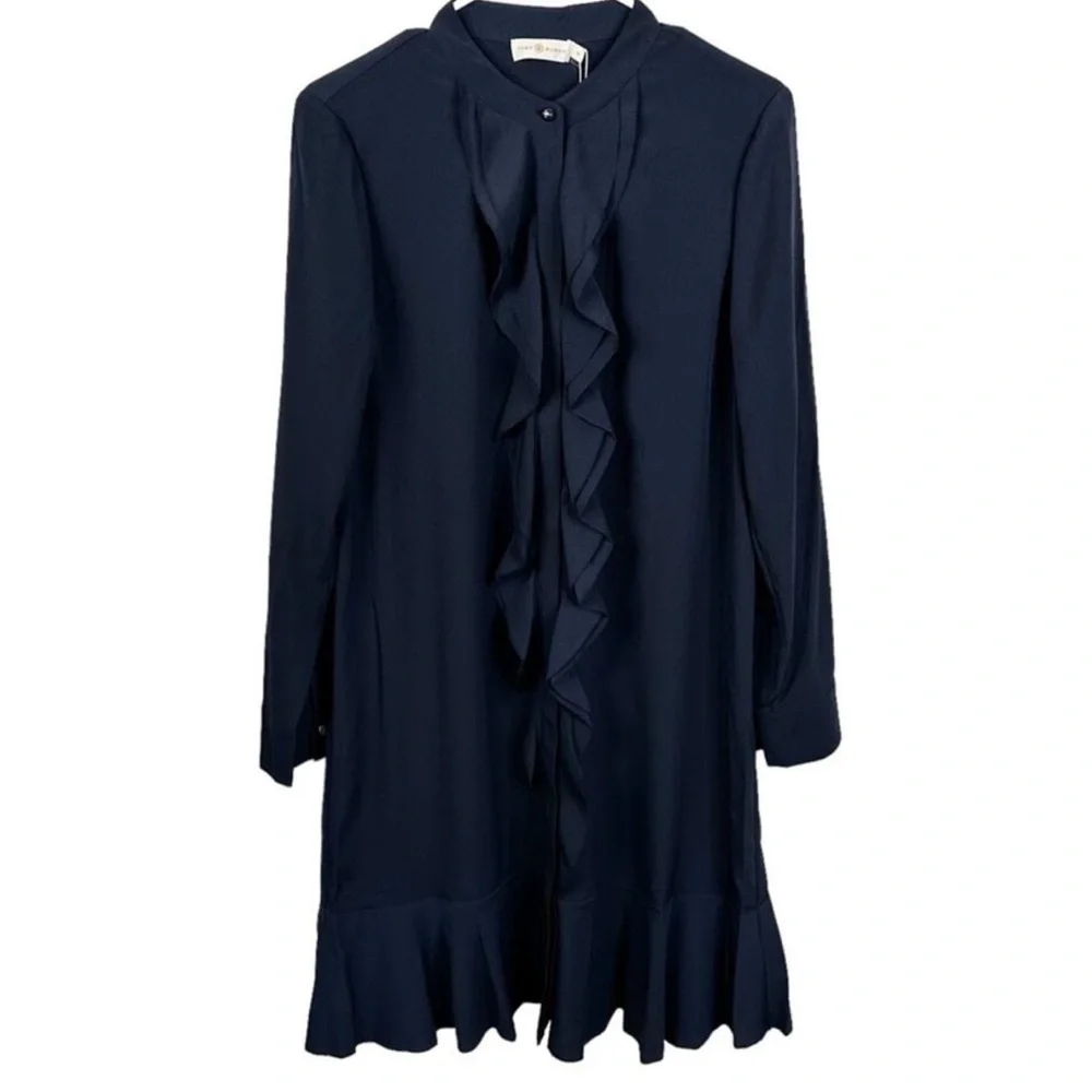 NWT TORY BURCH JANE RUFFLE NECK FLOUNCE HEM NAVY SHIFT DRESS SIZE  14